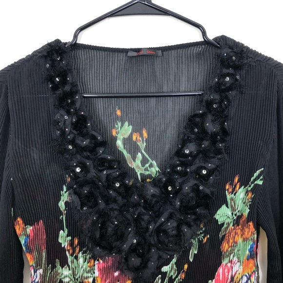 Alison Sheri Pleated Floral Sequinned Blouse Sz M - Picture 4 of 8